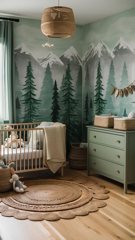 Forest Green Nursery Boy, Mountain Baby Room, Adventure Nursery Boy, Nature Baby Nursery, Boys Woodland Bedroom, Forest Baby Rooms, Unique Nursery Ideas, Woodsy Nursery, Forest Themed Nursery