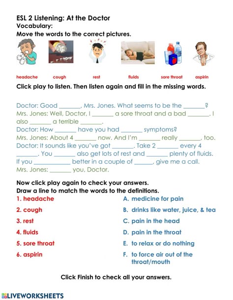 Illnesses and health problems online worksheet for high beginner. You can do the exercises online or download the worksheet as pdf. Health Vocabulary Worksheets, Health Problems Worksheet, Listening Worksheets For Kids, English Liveworksheet, Listening Worksheet, Health Worksheets, Daily Routine Activities, At The Doctor, Listening Test