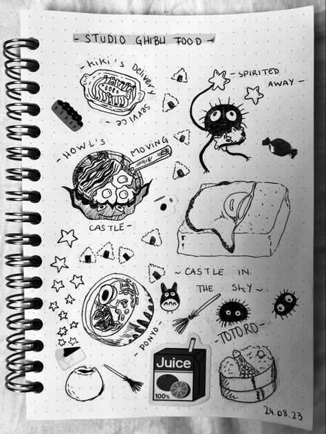 Doodle Pages Aesthetic, Ghibli Doodle Art, Cute Studio Ghibli Doodles, Ghibli Studio Sketch, Studio Ghibli Aesthetic Drawing, Studio Ghibli Drawing Sketches Easy, Food Doodles Aesthetic, Ghibli Sketch To Draw, Studio Ghibli Tutorial