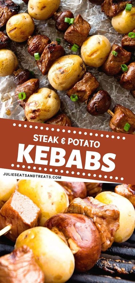 Potato Kabobs, Steak Kebabs, Fruit Kebabs, Steak Potatoes, Kebabs On The Grill, Gold Potatoes, Kabob Recipes, Button Mushrooms, Yukon Gold