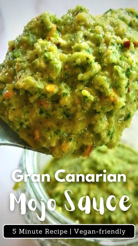 A spoonful of green mojo sauce is lifted out of a jar. Mojo Verde Sauce, Spanish Bbq Ideas, Mojo Rojo Recipe, Canarian Potatoes, Moroccan Sauce, Spanish Sauce Recipe, Mojo Sauce Recipe, Mojo Marinade, Mojo Verde