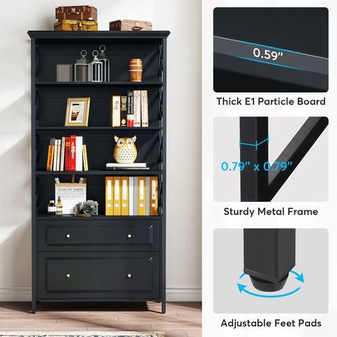 72"Tall Black Bookshelf with 2 Drawers - On Sale - Bed Bath & Beyond - 38355786 Stylish Bookshelf, Filling Cabinet, Black Bookshelf, Narrow Bookshelf, Office Bookshelf, Room Divider Bookcase, Bookcase With Drawers, 2 Drawer File Cabinet, Tall Bookshelves