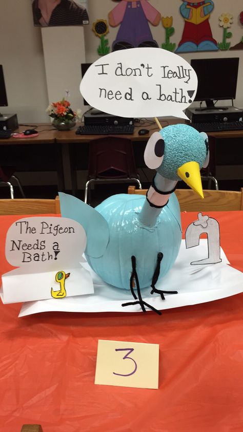 Pumpkin painting book report: The Pigeon Needs A Bath. Pigeon Pumpkin, Book Characters Ideas, Pumpkin Book Characters Ideas, Pumpkin Book Characters, Pumpkin Story, Book Character Pumpkins, Pigeon Books, Story Book Pumpkin, Character Pumpkins