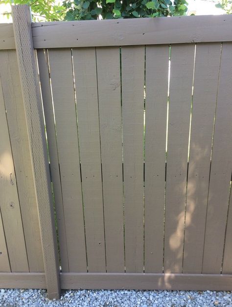 Behr Tugboat Stain on Fence - Grey-brown Fence Color - Behr Premium Solid Stain Painted Fence Colors, Behr Tugboat Stain, Tugboat Stain Behr, Brown Fence Paint, Behr Tugboat Deck Stain, Cedar Fence Stain Colors, Fence Stain Colors Ideas, Grey Fence Paint, Cedar Fence Stain