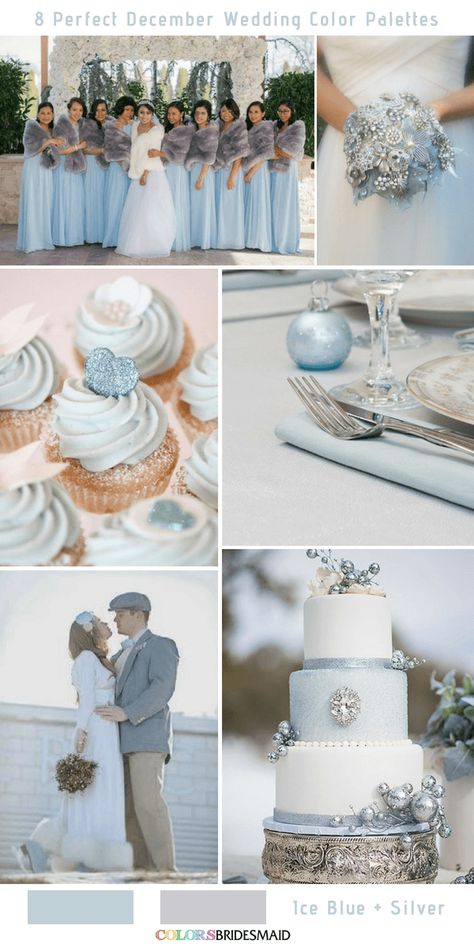 All 30+ Winter Wedding Color Palettes - ColorsBridesmaid Winter Wonderland Wedding Blue Silver, Blue And Silver Christmas Wedding, Winter Wonderland Wedding Colors, Ice Blue And Silver Wedding, Winter Blue Wedding, Silver And Blue Wedding, Silver Blue Wedding, December Wedding Colors, Ice Blue Weddings