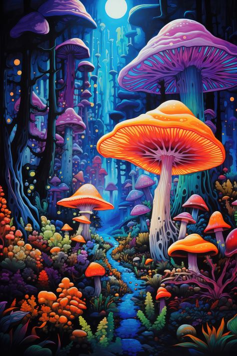 Trippy forest full of mushrooms Art Hippie, Art Fractal, Psychadelic Art, Trippy Wallpaper, Mushroom Art, Visionary Art, Trippy Art, Hippie Art, 판타지 아트