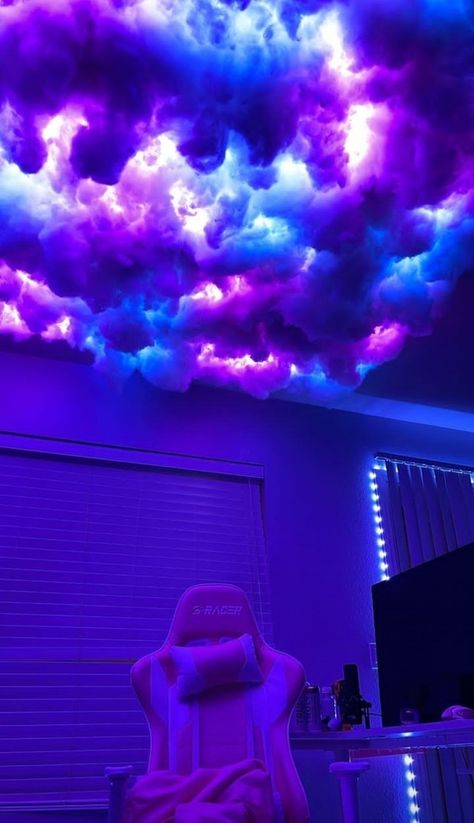 Sky Aesthetic Bedroom, My Dream Room Led Lights, Neon Cloud Ceiling, Graphic Wallpaper Bedroom, Glow Bedroom, Bedroom Black Theme, Neon Room Design, Cloud Led Lights Bedroom, Led Aesthetic Room