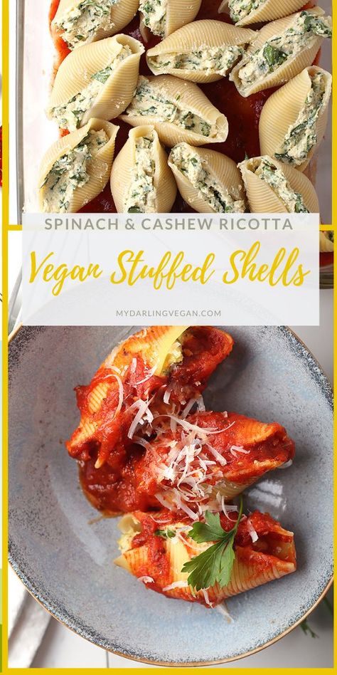 Ricotta Shells, Vegan Stuffed Shells, Shells Stuffed, Cashew Ricotta, Vegan Pasta Dish, Stuffed Shells Ricotta, Spinach Ricotta, Stuffed Shells Recipe, Vegan Pasta