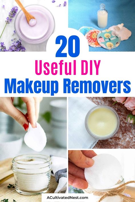 20 Useful DIY Makeup Removers- You can save money and remove your makeup naturally with these handy DIY makeup removers! They're so easy to make! | homemade makeup removers, all-natural makeup removers #makeupRemovers #homemadeBeautyProducts #diyMakeup #diyBeauty #ACultivatedNest Diy Makeup Remover Recipe, Diy Makeup Remover Balm, Natural Makeup Remover Diy, Natural Eye Makeup Remover, Homemade Eye Makeup Remover, Diy Makeup Remover Pads, Diy Makeup Remover Wipes, Makeup Remover Recipe, Wipes Diy