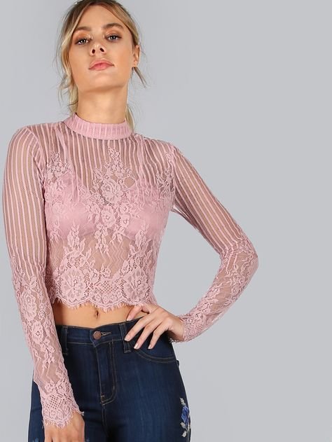 Shop Sleeved Floral Lace Crop Top PINK online. SheIn offers Sleeved Floral Lace Crop Top PINK & more to fit your fashionable needs. Pink Crop Top Outfit, Mock Neck Top Outfit, Pink Lace Top, Crop Top Pink, Pink Lace Tops, Bear Sweater, Women's Outfits By Occasions, Top Shein, Rose Pastel