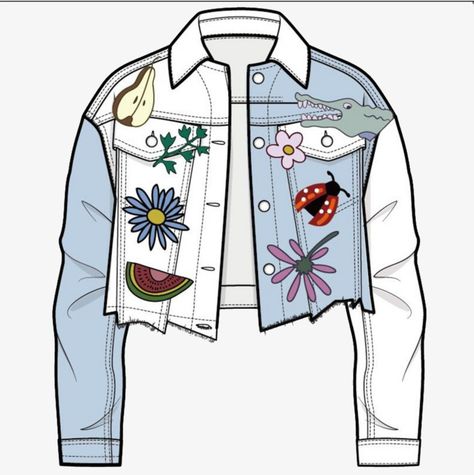 Digital Clothing Design, Flat Embroidery Design, Jean Jacket Drawing, Fashion Illustration Jacket, Denim Jacket Illustration, Denim Garment Illustration, Denim Jacket Flat Sketch, Sketches Fashion Design, Jacket Png