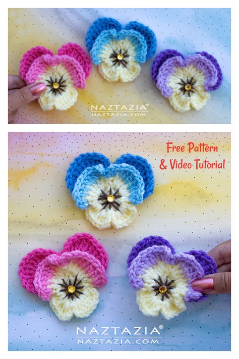 Crochet Pansies Free Pattern, Pansy Crochet Pattern Free, Diy Crochet Projects To Sell, Crochet Pansy Pattern Free, Crochet Pansy, Crochet Spring, Crochet Flowers Free Pattern, Pansy Flower, Crocheted Flowers