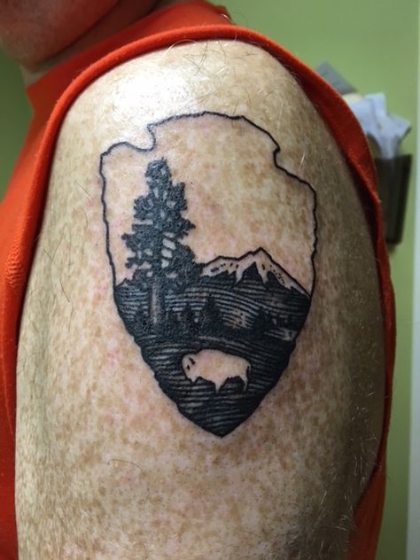 National Parks tattoo. National Park Tattoo Sleeve, Yellowstone National Park Tattoo Ideas, National Park Service Tattoo, National Parks Tattoo, Park Ranger Tattoo, Glacier National Park Tattoo Ideas, Yellowstone Tattoo Ideas, Acadia National Park Tattoo, National Park Tattoo