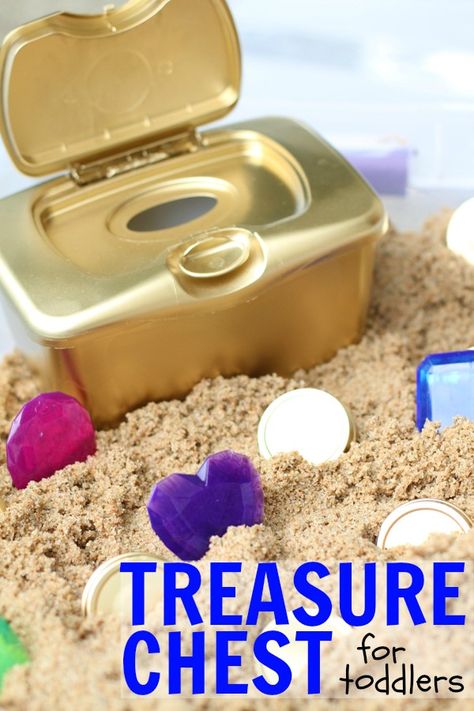 DIY Treasure Chest for Toddlers:  Such a fun sensory activity for toddlers that promotes fine motor control and hand-eye coordination! Diy Treasure Chest, Sensory Activity For Toddlers, Activity For Toddlers, Sensory Activities Toddlers, Sensory Activity, Toddler Summer, Sensory Bin, Toddler Play, Toddler Fun