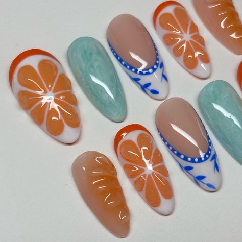 fruit nails!! 🍊💙 this set came out so cute and im getting way better at doing the orange design!! original design on the last slide!! 🫶🫶 #nails #nailsnailsnails #nailsart #nailaddict #naildesigns #nailartist #pressons #pressonnails #gelnails #3dnails #explorepage Fruit Nail Designs, Fruit Nails, Fruit Nail, Orange Nail Designs, Orange Design, Orange Fruit, Orange Nails, 3d Nails, Nail Artist