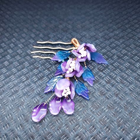 "Product Name: Blue Purple Glass Flower Golden Hair Comb Flower Hanfu Bridal Hair Accessories For Any Occasions Color: Blue Purple Surface Size: 2 x 4  inches; Comb Leg length:2.25 inches weight: 1 oz \"Welcome to my Etsy shop, where you'll find an array of beautiful Chinese handmade hair accessories! I'm a native of China and grew up surrounded by the rich culture and traditions of my homeland. I've always been drawn to the intricate designs and attention to detail found in traditional Chinese Anime Purple Hair, Asian Bridal Hair, Flower Hair Pieces, Golden Hair, Chinese Hairstyle, Flower Hair Comb, Asian Bridal, Handmade Hair Accessories, Hair Decorations