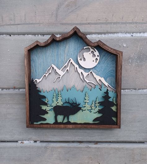 Engraver Ideas, Cnc Machine Projects, Glowforge Ideas, Moon Mountain, House Silhouette, Rustic Wood Decor, Outdoor Metal Wall Art, Engraving Ideas, Laser Cut Wood Crafts