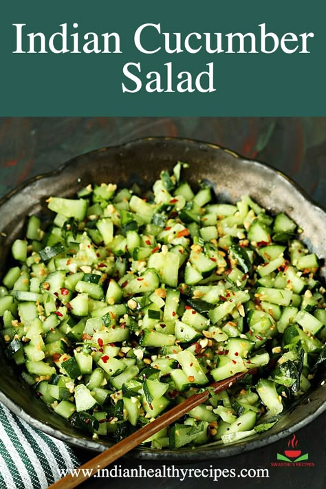 This refreshing Indian Cucumber Salad is the easiest you can make under 15 mins. Cucumber Salad Indian Style, Cucumber Salad Indian, Indian Cucumber Salad, Indian Cucumber, Veggie Mains, Easy Cucumber Salad, Low Calorie Salad, Indian Salads, Butternut Squash Curry