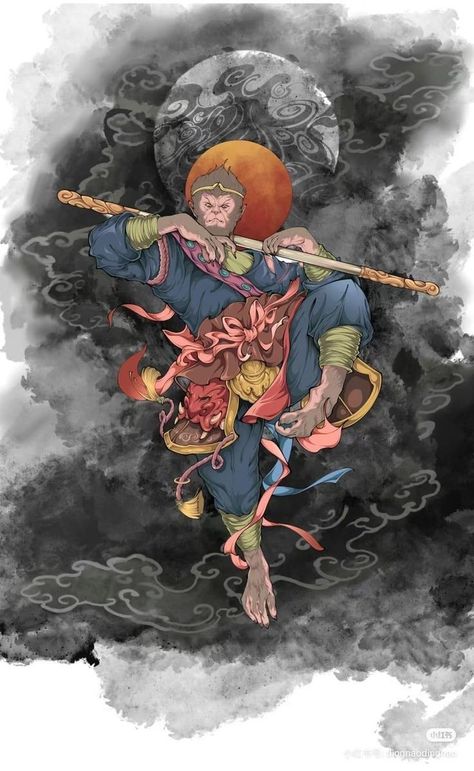 Susanoo Tattoo Japanese Mythology, Sun Wu Kung, Chinese Monkey, Son Wukong, Wu Kong, Asian Drawing, Japanese Mythology, Psychadelic Art, Mask Tattoo