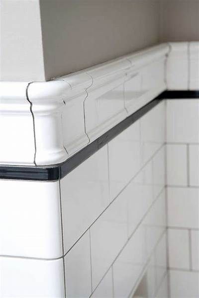 black pencil trim on subway tile - Yahoo Search Results Black Tile Trim Bathroom, Classic Subway Tile Bathroom, Subway Tiles Bathroom, White Subway Tile, Black Tiles, Boys Bathroom, Tile Trim, Black Chair, Chair Rail