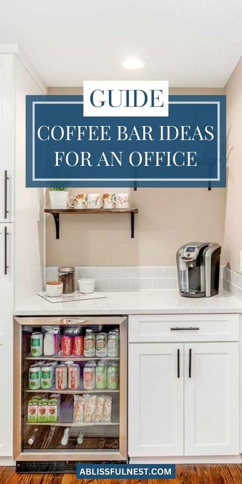 Looking for ways to make your office break room a little more fun? Coffee bar ideas for an office are the way to go! It's the perfect way to create a lively space where colleagues can bond over a cup of joe and spark new ideas. Plus, who doesn't love the smell of fresh coffee wafting through the air? #officespace #coffeelover #officecoffee Diy Office Break Room Ideas, Small Coffee Station Ideas Office, Coffee Station In Office, Office Break Room Ideas Kitchens, Coffee Station Office Design, Coffee Bar Office Ideas, Home Office Coffee Bar, Coffee Bar Ideas For Office, Office Bar Ideas