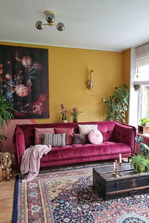 Pink Couch Living Room, Pink Sofa Living Room, Bold Interior, Ikea Sofas, Lots Of Plants, Pink Couch, Pink Sofa, Colourful Living Room, Couches Living Room