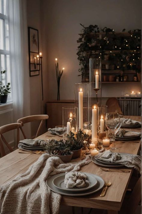 scandinavian dining table ideas in hygge with cozy table 2 Hygge Dining Room Ideas, Scandi Christmas Table Setting, Scandinavian Christmas Table Decor, Minimalist Christmas Dining Table Decor, Hygge Dining Room, Scandinavian Kitchen Table, Christmas Dining Table Decorations, Dining Table Ideas, Dining Table Decorations