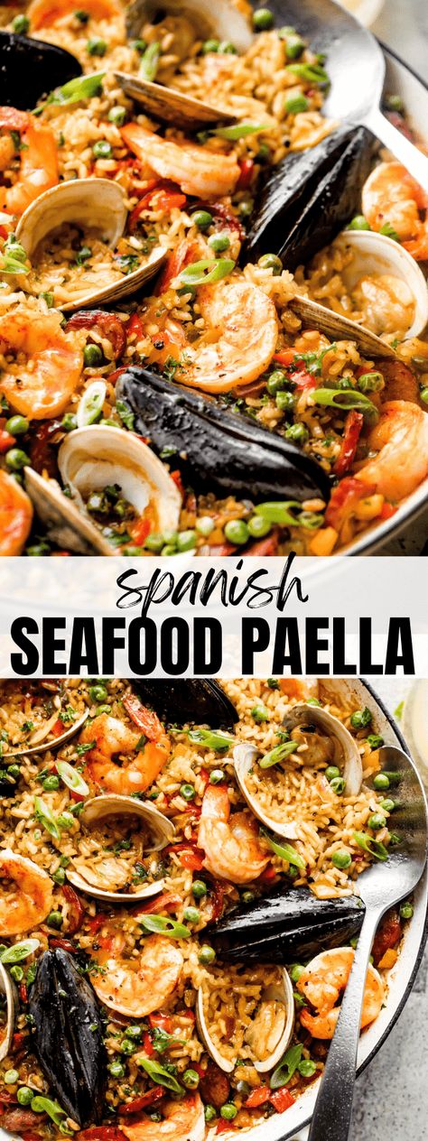 Spanish Seafood Paella, Seafood Paella Recipe, Easy Paella, Paella Recipe Seafood, Saffron Threads, Paella Pan, Salmon And Shrimp, Seafood Paella, Paella Recipe