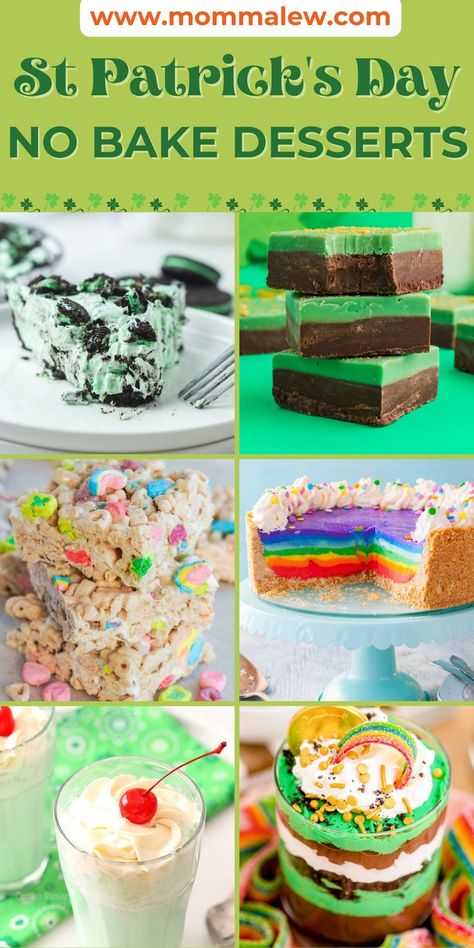 Recipe collage for No Bake St Patrick’s Desserts St Patrick's Desserts, St Patricks Day Deserts, St Pattys Desserts, Easy No Bake Dessert Recipes, St Patricks Desserts, No Bake Dessert Recipes, Easy Desserts For Kids, Baked Appetizers, St Patrick's Day Cookies