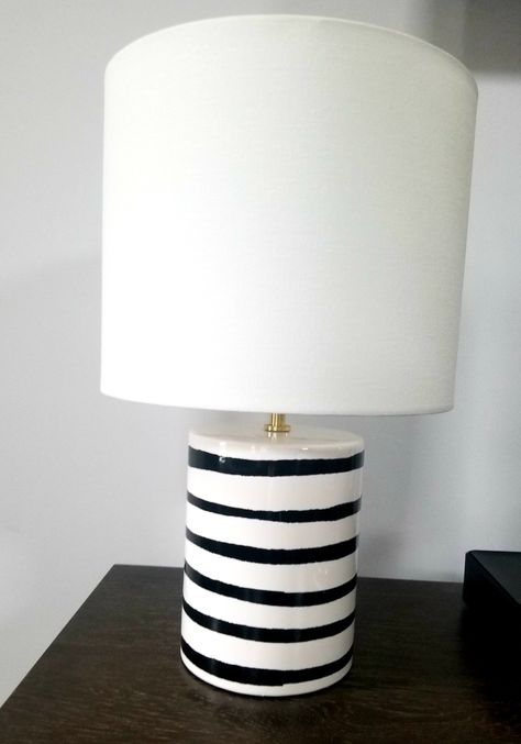 The classic combination of  black and white stripe table lamp ,Kate Spade Charlotte Street. Black And White Lamp, Stripe Table, Stovetop Kettle, Charlotte Street, Gray Living Room, White Lampshade, Unique Glasses, Kids Bedroom Inspiration, Striped Table