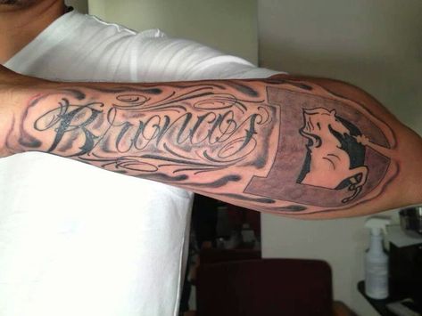 Sweet tattoo! Denver Broncos Tattoo Ideas, Bronco Tattoo, Nfl Tattoo, Broncos Tattoo, Denver Broncos Tattoo, Bronco Cheerleaders, Broncos Cheerleaders, Colorado Girl, Tattoo Forearm