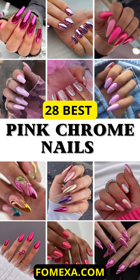 Explore the beauty of pink chrome nails with these 28 bold ideas for every style. From soft and light hues to vibrant hot pink, our collection will inspire your next manicure. Whether you love short or coffin shapes, designs with rhinestones, or a classic French tip, pink chrome nails are perfect for any occasion. Get creative with pastel or neon shades, and add a touch of sparkle with glitter or gems for a standout look. Grease Nails Pink Ladies, French Tip Pink Chrome, Black And Pink Chrome Nails, Chrome Pink Nails Designs, Chrome Nails Designs French, Hot Pink Nails With Glitter, Glitter Chrome Nails, Black And Red Highlights, Bright Pink Nail Designs