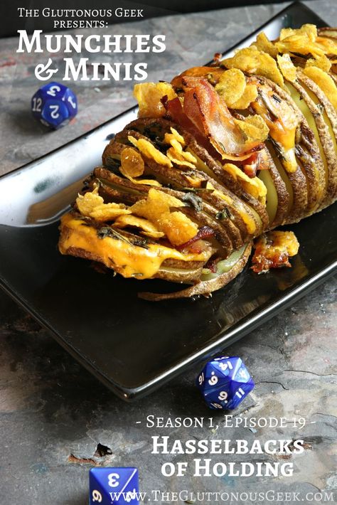 Hasselback Potatoes of Holding inspired by Dungeons & Dragons. Recipe by The Gluttonous Geek. Dnd Meal Ideas, Dnd Inspired Recipes, Dungeons And Dragons Snack Ideas, Dungeons And Dragons Themed Food, Dnd Recipe Ideas, Dungeons And Dragons Food Recipes, Dungeons And Dragons Food Ideas, Dnd Inspired Wedding, Dungeons And Dragons Snacks