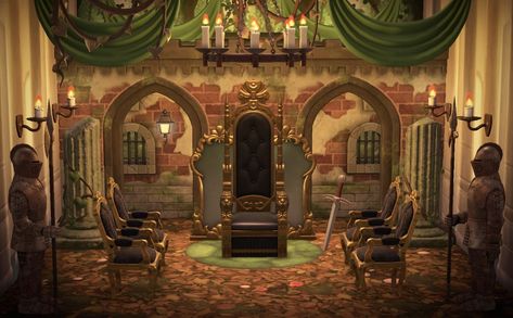 Acnh Throne Ideas, Animal Crossing Castle Wall Ideas, Castle Core Animal Crossing, Castle Walls Animal Crossing, Acnh Throne Room, Dark Maximalist, Gold Rooms, Throne Room, Island Theme