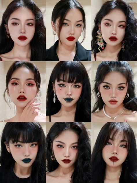 Red Lip Asian, Vampire Asian, Cute Vampire Makeup, Vampire Eye Makeup, Vampire Makeup Ideas, Aesthetic Makeup Looks, Bold Lipstick Makeup, Dark Lip Makeup, Red Lipstick Makeup Looks