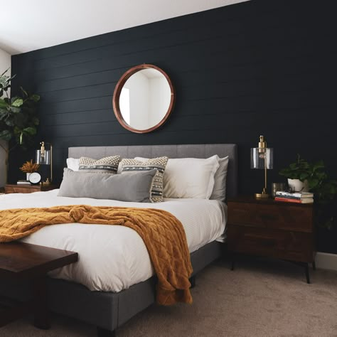 Bay Area design project by Ramona Avenue.  Dark Navy accent shiplap wall. Modern, clean, and fun. Navy Accent Wall, Navy Bedrooms, Bedroom Ideas For Couples Modern, Bedroom Accent, Accent Wall Bedroom, Diy Simple, Couple Bedroom, Decor Hanging, Hanging Flowers