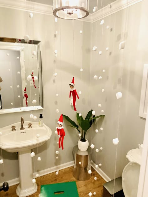 Winter Wonderland Elf On The Shelf, Elfs Back Ideas, Snowflake Elf On The Shelf, Elf On The Shelf Up High Ideas, Elf Winter Wonderland, Elf On The Shelf Salon Ideas, Elf On The Shelf Slide, Snow Day Elf On The Shelf Ideas, Elf On The Shelf Winter Wonderland Ideas