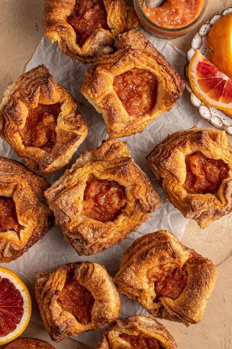 This kouign-amman with citrus marmalade has buttery flaky layers sandwiched with cinnamon sugar and is filled with a blood orange jam center. #pastry #citrus #bloodorange #dessert Jam Desserts, Orange Pastry, Orange Jam, Kouign Amann, French Dessert, Yummy Dessert, Fruit Slice, Dessert Recipe, Marmalade