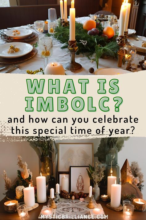 Picture of table set for Imbolc feast and Imbolc altar with text overlay What Is Imbolc? And How Can You Celebrate This Special Time of Year How To Celebrate Imbolc, Imbolc Meaning, Imbolc Foods, Imbolc Food, Imbolc Decorations, Imbolc Celebration, Imbolc Recipes, Imbolc Aesthetic, Celebrating Imbolc