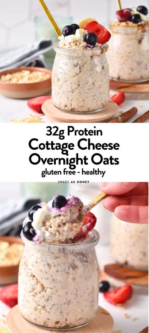 High Protein Breakfast Using Cottage Cheese, Cottage Cheese Protein Breakfast, Cottage Cheese Meal Recipes, Protein Overnight Oats Cottage Cheese, Overnight High Protein Breakfast, Cottage Cheese Overnight Oatmeal, Egg Powder Recipes, Overnight Oats Recipe High Protein, Over Night Oats High Protein