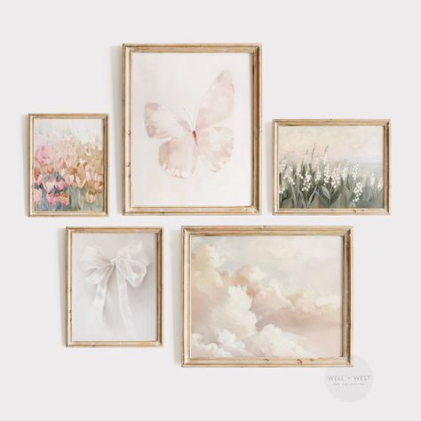 This is our gallery set of five vintage inspired paintings featuring a bow, sunset clouds, flowers, and butterflies in delicate shades of blush pink, white, cream, green, and gold. This artwork is the perfect for spring or in a nursery and is immediately accessible for download and print after purchase. INCLUDED: 1 PDF file containing high resolution JPG photos at 300 DPI. The downloads are available in 7 aspect ratios that can be printed in the following sizes *FILE 1 (2:3 Ratio)   IN: 4x6, 6x9 Wildflower Butterfly Nursery, Nursery Name Wall Decor, Coquette Wall Art, Nursery Gallery Wall, Pink Nursery Decor, Wildflower Field, Sunset Clouds, Flower Nursery, Pink Nursery