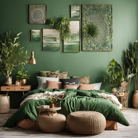 11 Boho Cozy Green Bedroom Ideas - My Besuited Home Lots Of Plants In Bedroom, Boho Bedroom Decor Green, Dark Green And Orange Bedroom, Green Boho Decor, Cozy Green Bedroom, Bedroom Boho Style, Boho Kitchen Table, Urban Jungle Bedroom, Green Bedrooms