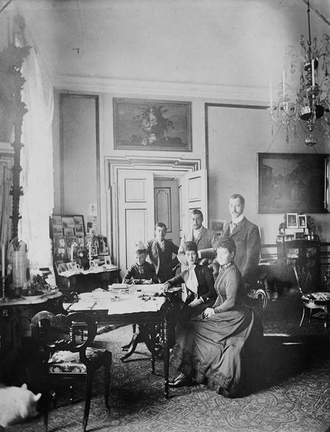 Tsarevich Nikolai Alexandrovich Romanov of Russia (Tsar Nicholas ll),Prince George of Wales,Prince Albert Victor of Wales.Queen Louise of Denmark,Alexandra Princess of Wales and Empress Marie Feodorovna of Russia at Fredensborg in Denmark in 1889.  "AL" Historical Interior Design, Alexander Palace, Russian Interiors, Maria Feodorovna, The Romanov Family, Victorian Interior, Victorian Interiors, Romanov Dynasty, Tsar Nicholas Ii