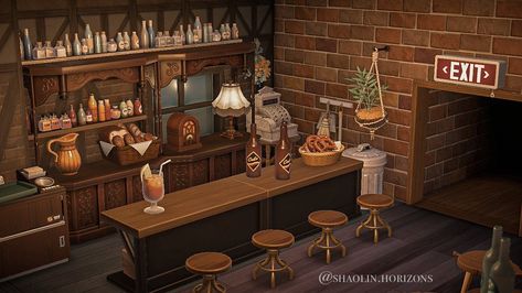 Inside Bar Ideas, Acnh Bar, Dark Maximalist, Inside Bar, Western Interior, Acnh Cottagecore, Pub Design, Animal Crossing Wild World, Acnh Inspo