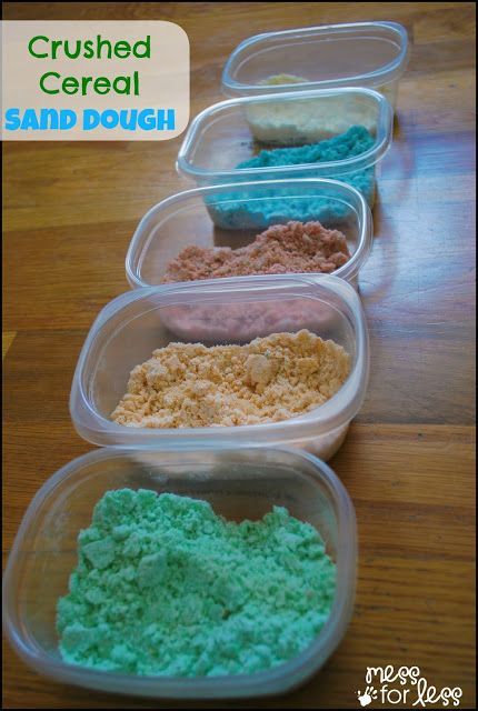 Crushed Cereal Sand Dough - This simple sensory recipe uses just a few ingredients and is so much fun to play with. Kids love the soft and moldable texture. Sand Playdough, Sand Dough, Sensory Tubs, Fruit Cereal, Playdough Recipe, Sand Play, Kids Sensory, Toddler Fun, Preschool Ideas