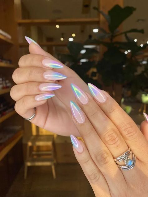 Irridescent Nails, Ombre Chrome Nails, Unicorn Nails Designs, Nails Coral, Opal Nails, Nails Classy, Chrome Nails Designs, Unicorn Nails, Almond Shape