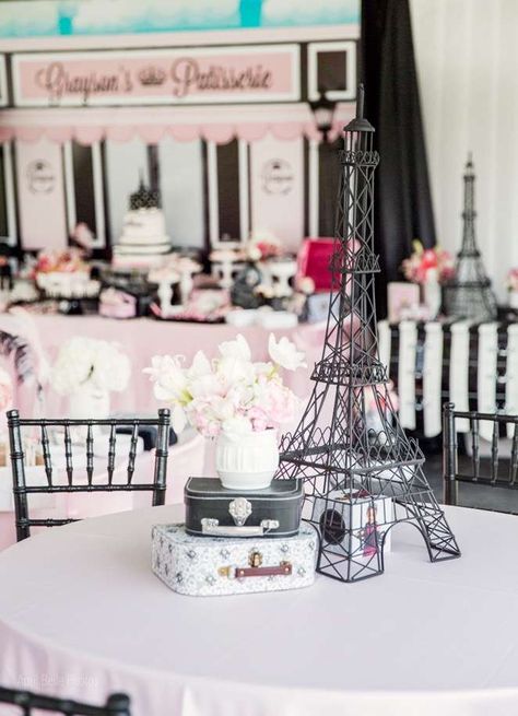 Loving the Eiffel Tower centerpiece at this elegant Paris Birthday Party!! See more party ideas and share yours at CatchMyParty.com Paris 50th Birthday Party Ideas, Night In Paris Theme Party, Paris Sweet 16 Decorations, A Night In Paris Birthday Theme, Paris Prom Theme Centerpieces Table Decorations, Eiffel Tower Party Decorations, Paris Prom Theme, Paris Brunch, Paris Birthday Party Ideas