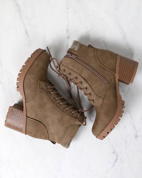 Lace-Up Chunky Heel Combat Boots in Taupe Chukka Boots Outfit, Heel Combat Boots, Heeled Combat Boots, Converse Outfits, Shoes For, For School, Style Converse, Chukka Boots Men, Combat Boot