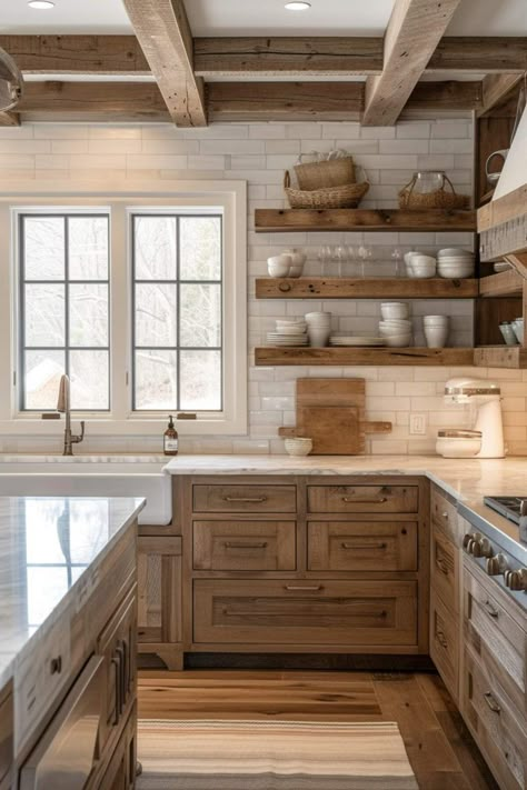 40 Rustic Farmhouse Kitchen Ideas That Look Chic and Charming  40 Rustic Farmhouse Kitchen Ideas That Look Chic and Charming Rustic Kitchen With Open Shelving, Farmhouse Kitchen No Upper Cabinets, Modern Cottage Kitchen Inspiration, Traditional Country Kitchen, Rustic Farmhouse Kitchen Ideas, Ranch House Kitchen, Montana Kitchen, Hickory Kitchen Cabinets, Epoxy Countertops