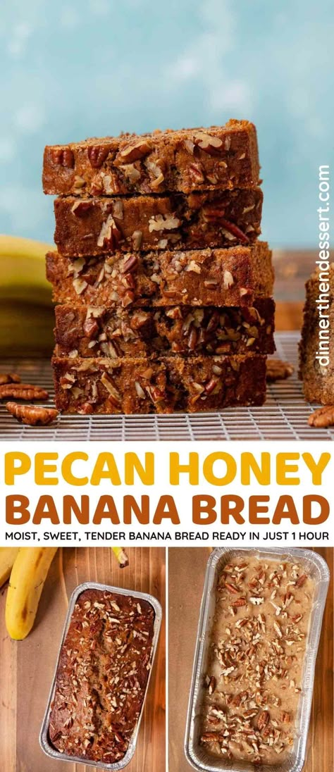 Honey Banana Bread is tender, moist, sweet, and rich with banana, cinnamon, and nutmeg flavors, and crunchy pecans mixed in. Ready to enjoy in 60 minutes! #dessert #bananas #bananabread #pecans #dinnerthendessert Honey Banana Bread, Banana Bread Honey, Banana Pecan Bread Recipe, Pecan Bread Recipe, Banana Pecan Bread, Sour Cream Banana Bread, Brown Spots Removal, Make Banana Bread, Pecan Recipes